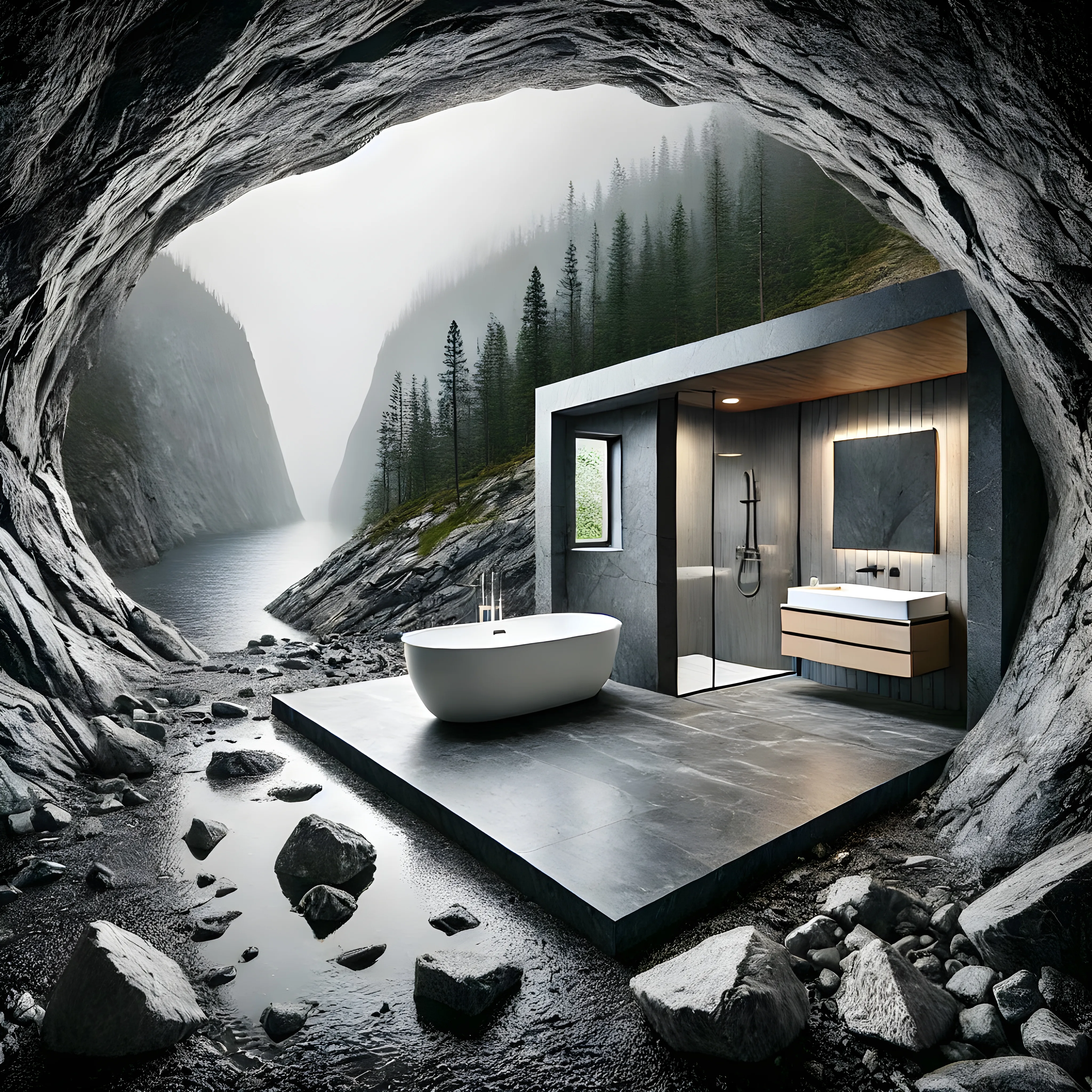 KI-generiertes Bild eines Badezimmers mit freistehender Badewanne in einer Felshöhle über einem Flusstal. 