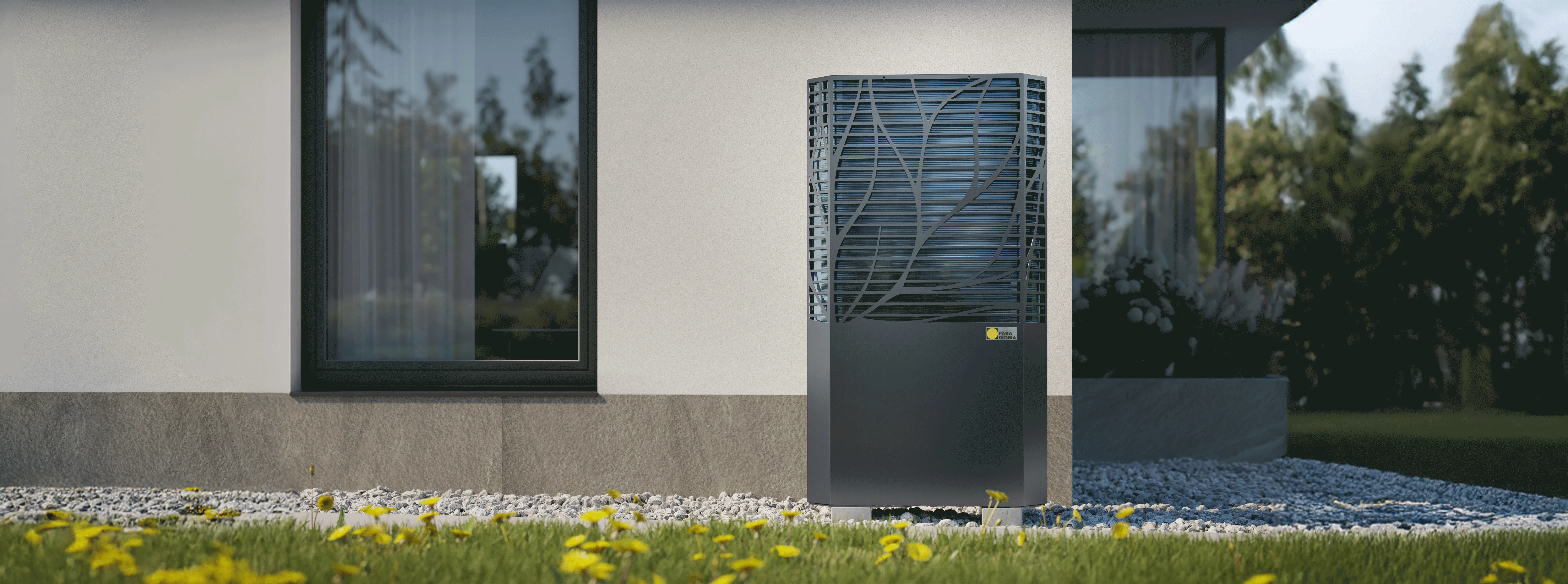 Paradigma Wärmepumpe WP Aero Calima steht im Garten