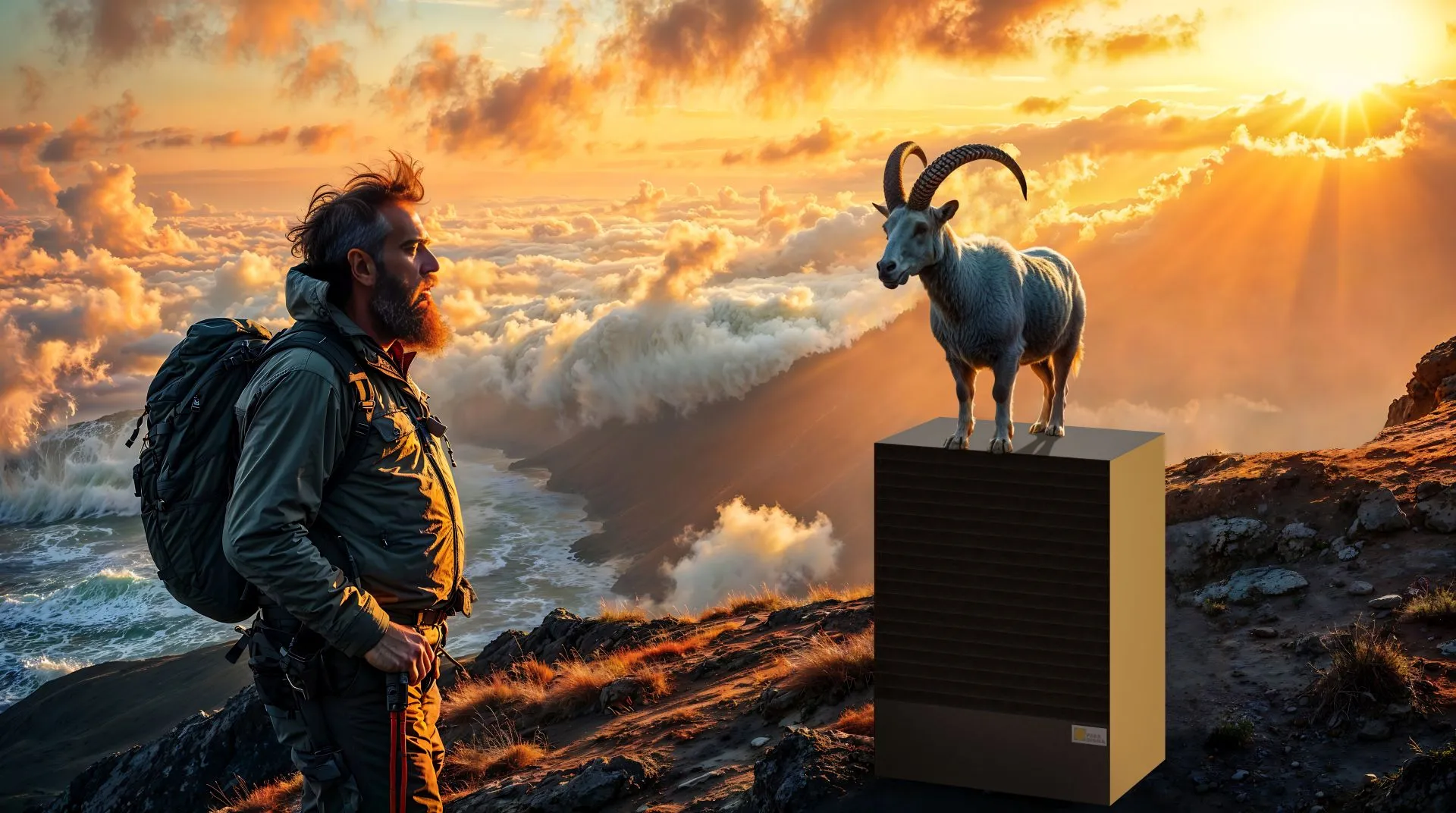 Auf einem KI-generiertem Bild steht ein Steinbock auf einer Paradigma-Waermepumpe vor einer Steilkueste im warmen Licht des Sonnenuntergangs.