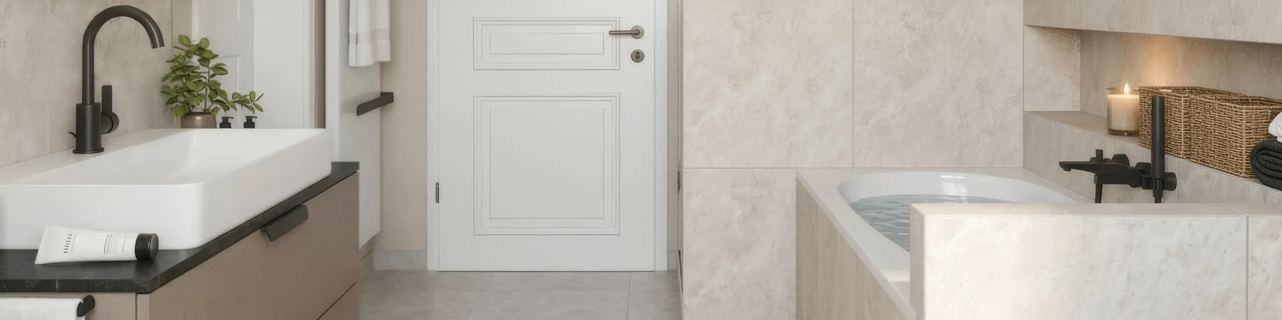 Komfortables Vollbad mit LED-Spiegel, geschwungenem Waschtisch und moderner Chromarmatur