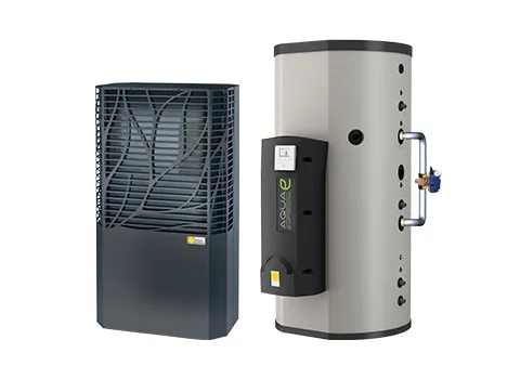 Innovative Wärmepumpenanlage mit kompaktem Außengerät und Pufferspeicher, beide in stilvollem Industriedesign.