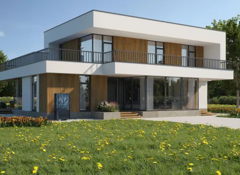 Paradigma Wärmepumpe vor freistehendem Haus