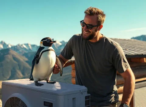 Ein Pinguin posiert auf einer Wärmepumpe vor einer malerischen Bergkulisse, während ein Mann mit Sonnenbrille ihn lachend an der Flosse hält.