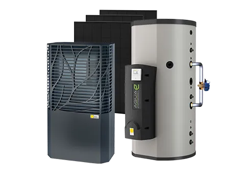 Paradigma Wärmepumpe Aero Calime mit PV-Modulen und Pufferspeicher mit Frischwasserstation