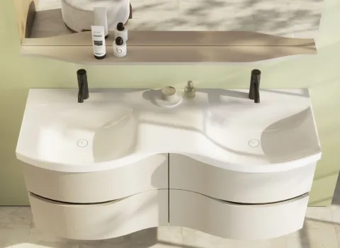 Doppelwaschtisch der Serie Sinea 3.0 von burgbad mit Unterschrank in Veloursgrau Softmatt.