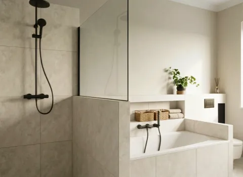 Funktionales Badezimmer mit Wanne, Stauraum und zeitloser Farbgestaltung