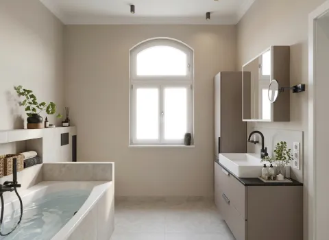 Modernes Badezimmer mit großem Fenster, Waschtisch und harmonischem Lichtkonzept