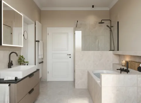 Modernes Badezimmer mit eingebauter Wanne, dekorativem Regal und harmonischem Lichtkonzept