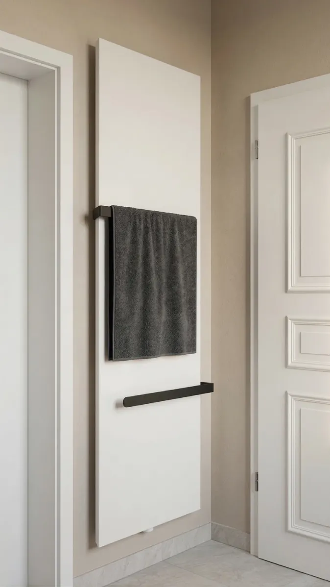 Funktionales Badezimmer mit Wandheizkörper, Stauraum und zeitloser Farbgestaltung