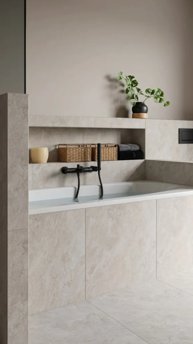 Stilvolles Badezimmer mit eingebauter Wanne, Regalnische und dekorativen Accessoires