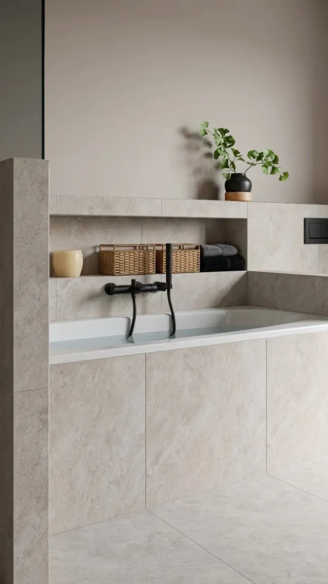 Stilvolles Badezimmer mit eingebauter Wanne, Regalnische und dekorativen Accessoires