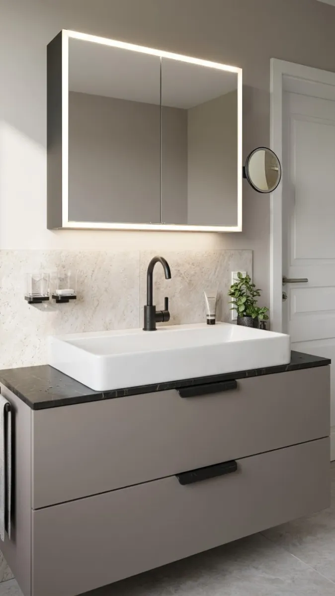 Stilvolles Badezimmer mit rechteckigem Waschtisch, LED-Spiegelschrank und schwarzer Armatur