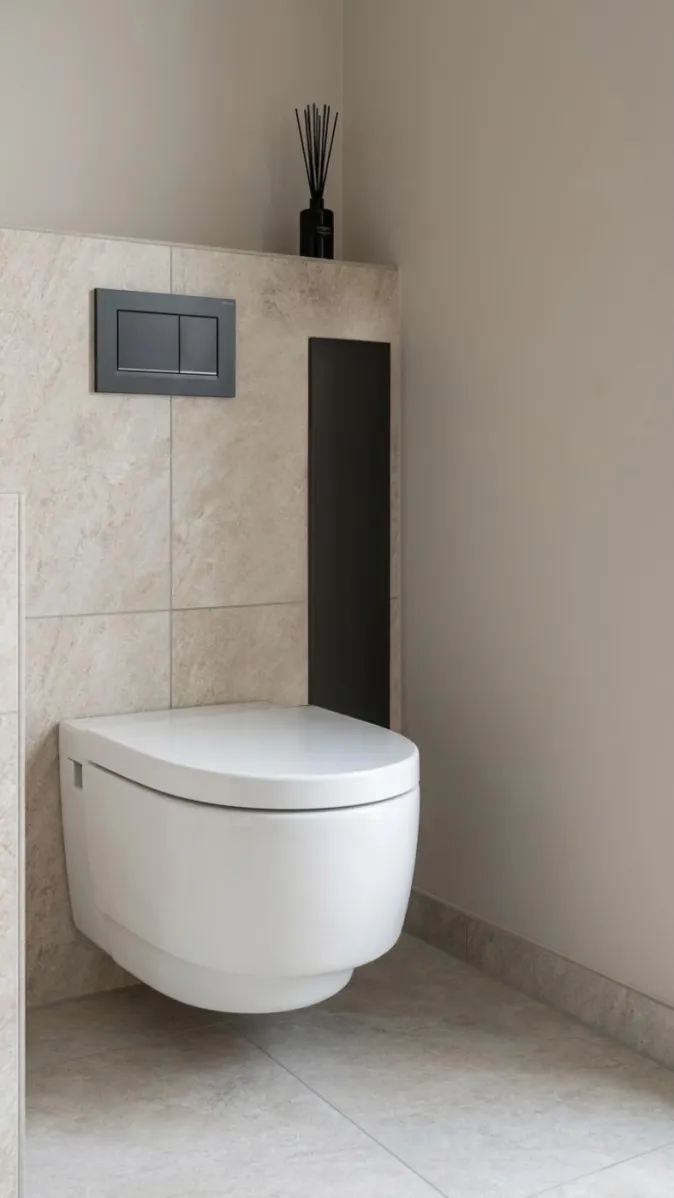 Stilvolles Badezimmer mit wandhängendem WC, Spülplatte und dekorativer Regalnische