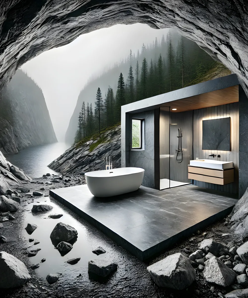 KI-generiertes Bild eines Badezimmers mit freistehender Badewanne in einer Felshöhle über einem Flusstal. 