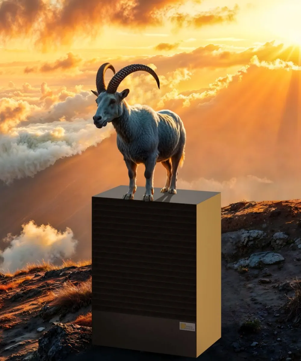 Auf einem KI-generiertem Bild steht ein Steinbock auf einer Paradigma-Waermepumpe vor einer Steilkueste im warmen Licht des Sonnenuntergangs.