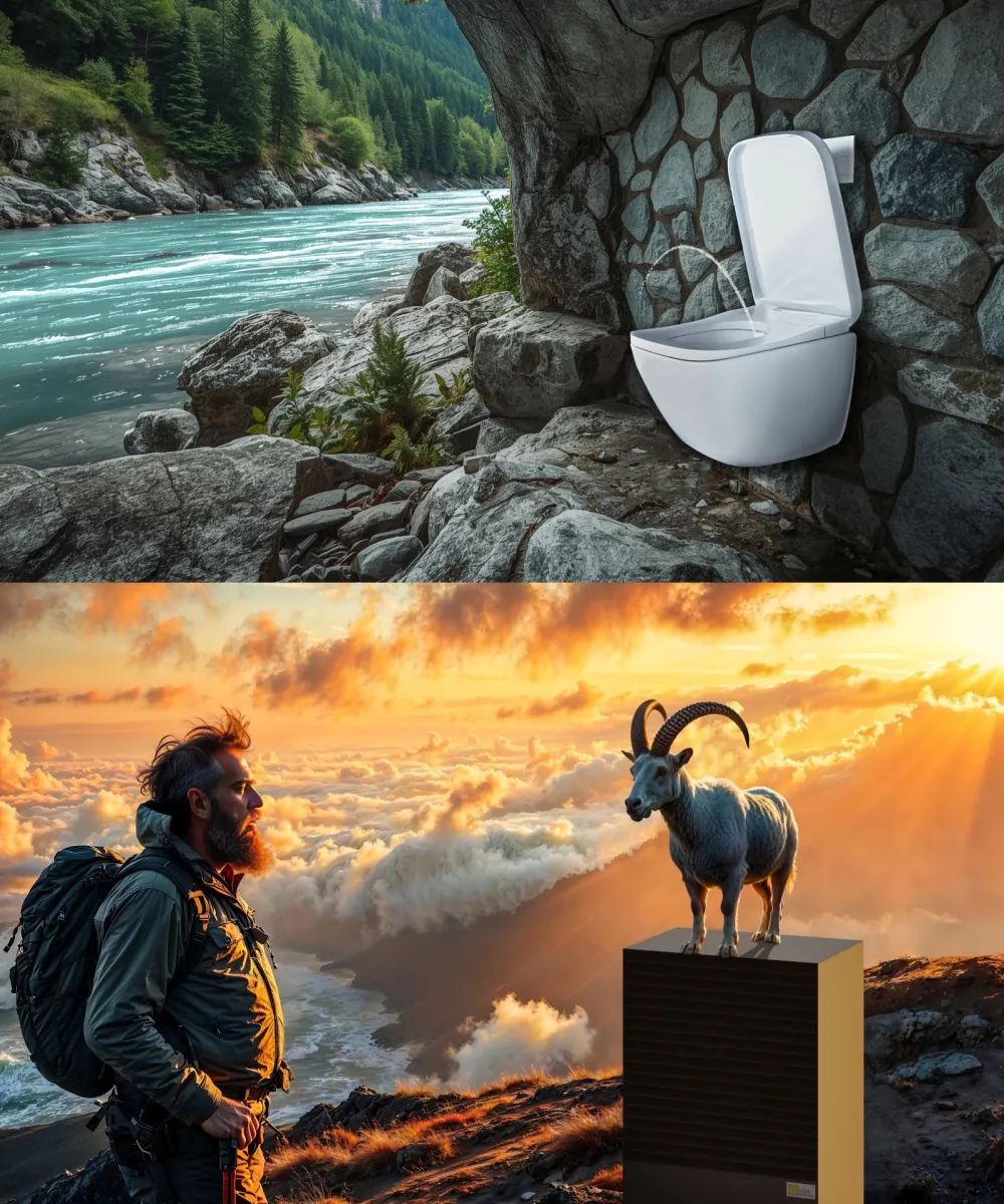 Foromontage zeigt KI-generierte Bilder von Dusch-WC in Höhle und Wärmepumpe auf dem ein Steinbock steht.