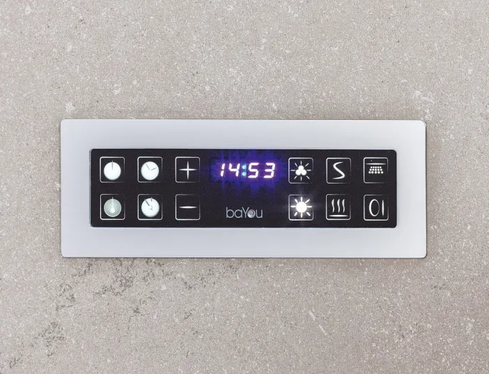 Das Bild zeigt ein rechteckiges baYou-Dampfduschen-Bedienfeld mit mehreren Symboltasten zur Steuerung von Funktionen wie Temperatur, Licht, Dampfstärke und Uhrzeit.