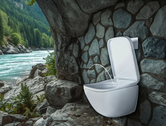 Eine Toilette ist in eine natürliche Felsnische direkt neben einem klaren Gebirgsfluss eingebaut und vermittelt einen surrealen Eindruck.