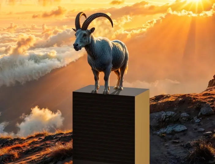 Auf einem KI-generiertem Bild steht ein Steinbock auf einer Paradigma-Waermepumpe vor einer Steilkueste im warmen Licht des Sonnenuntergangs.