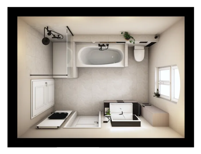 Funktionales Vollbad mit Fensterlicht, Stauraumlösungen und harmonischem Design
