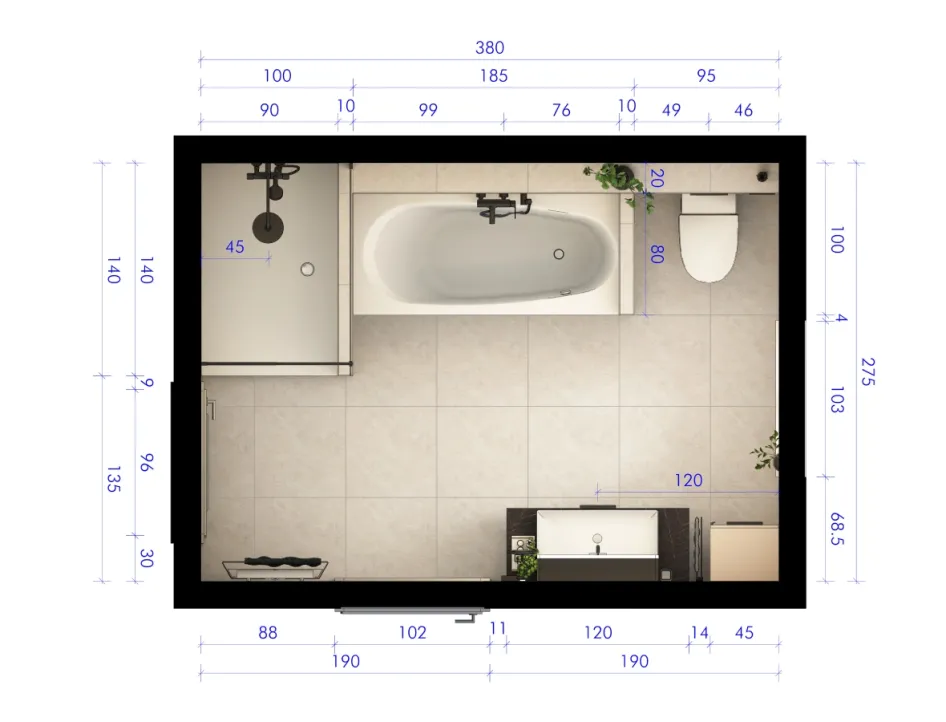 Stilvolles Badezimmer-Grundriss mit Dusche, Wanne und effizienter Raumaufteilung
